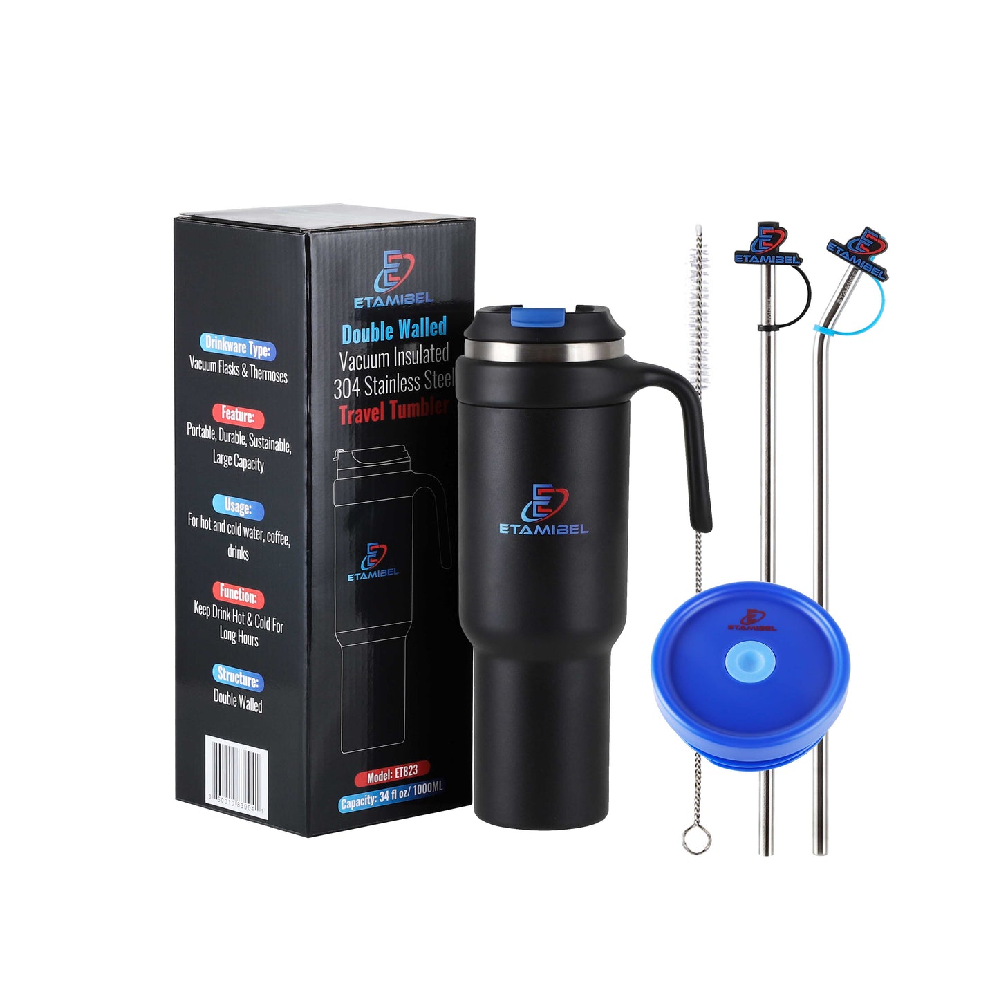 ETAMIBEL 1000ML(34FL OZ) Gobelet isolé sous vide à double paroi en acier inoxydable (noir)