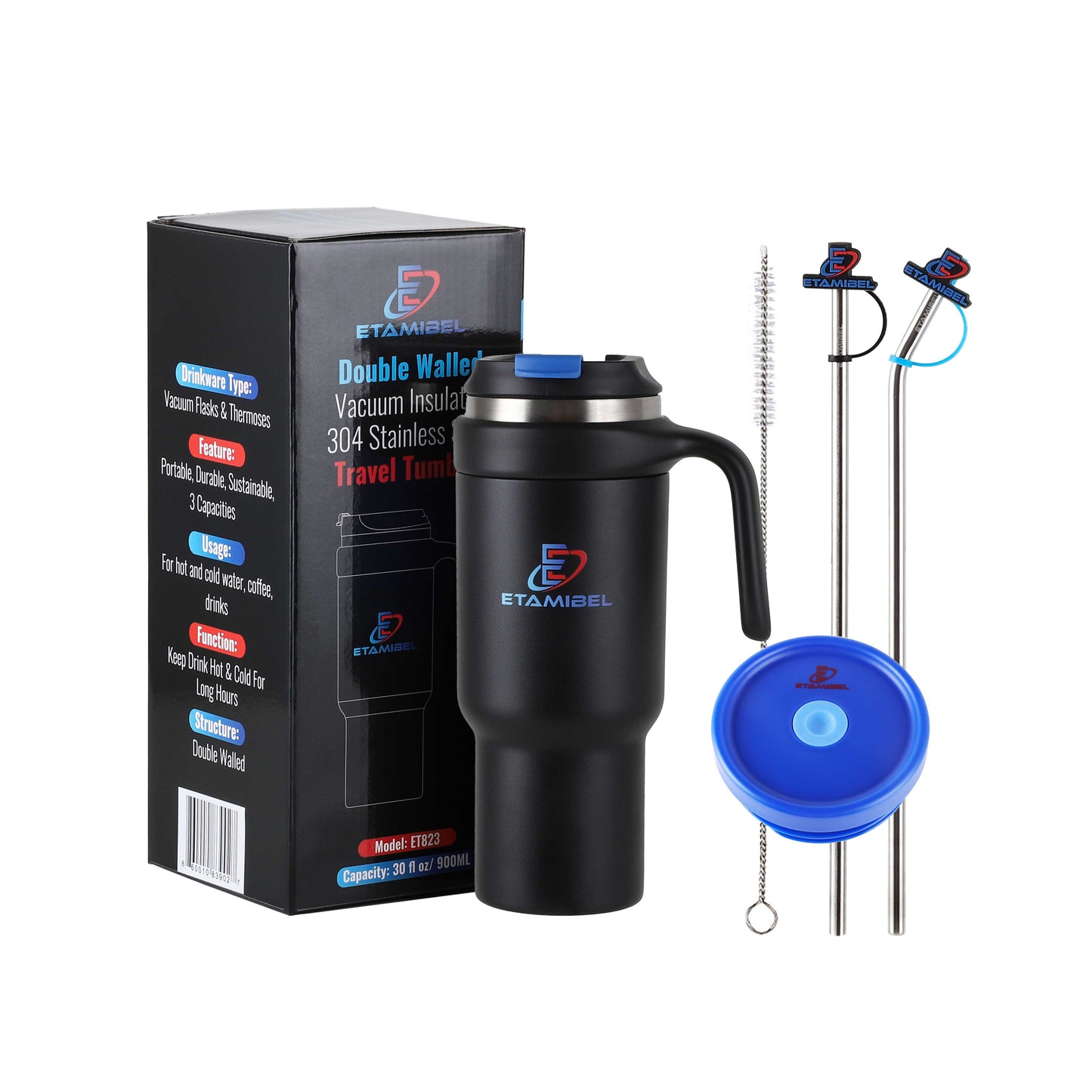 ETAMIBEL 900ML(30FL OZ) Double Wall Stainless Steel Vacuum Insulated Tumbler (Black)