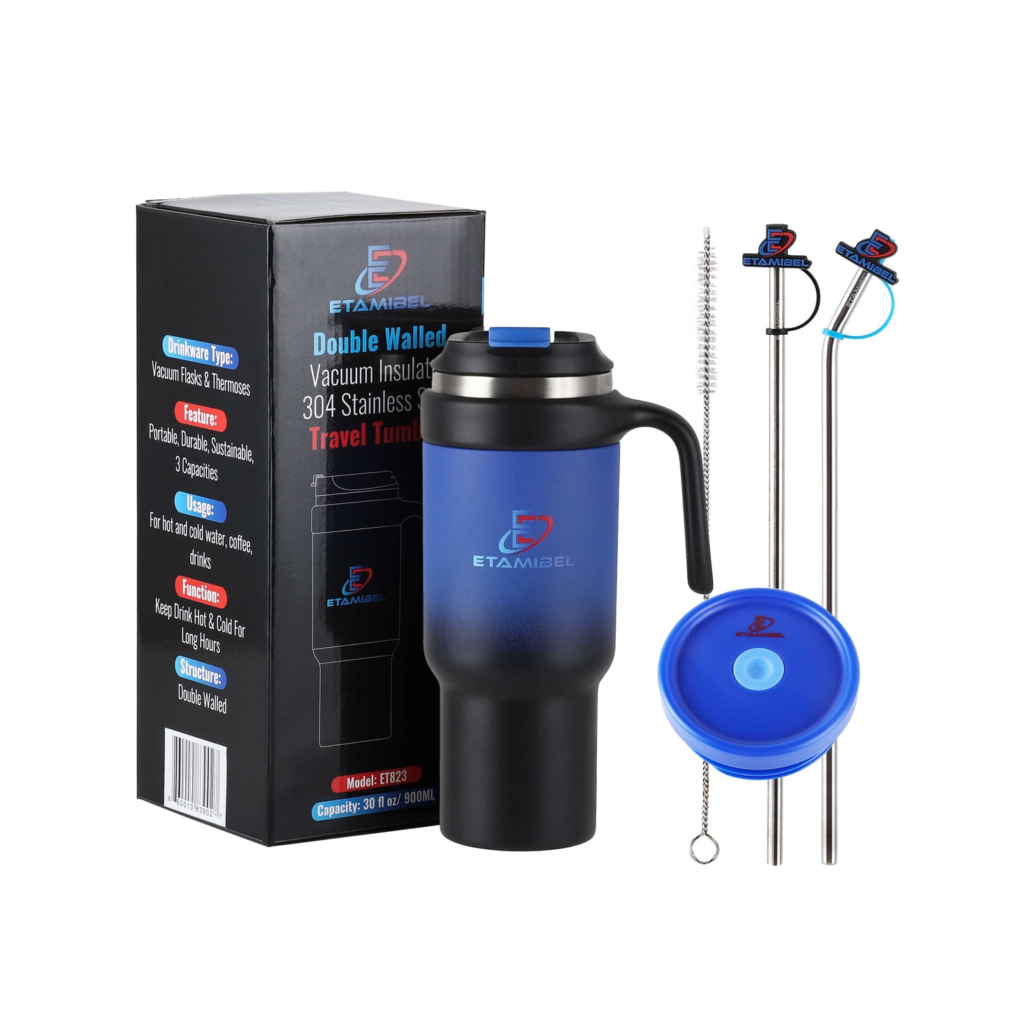 ETAMIBEL 900ML(30FL OZ) 이중벽 스테인레스 진공 단열 텀블러 (블랙-블루)