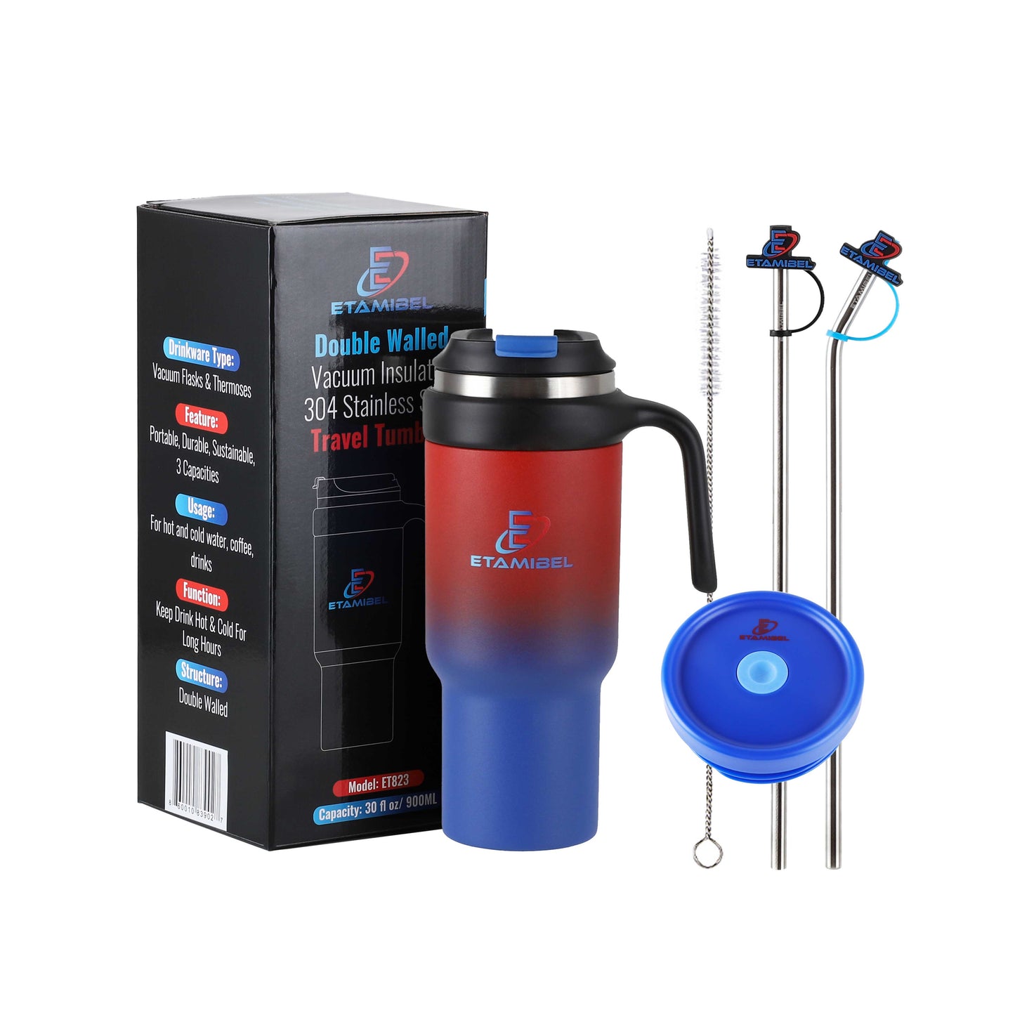ETAMIBEL Gobelet isotherme sous vide à double paroi en acier inoxydable 900 ml (bleu-rouge)