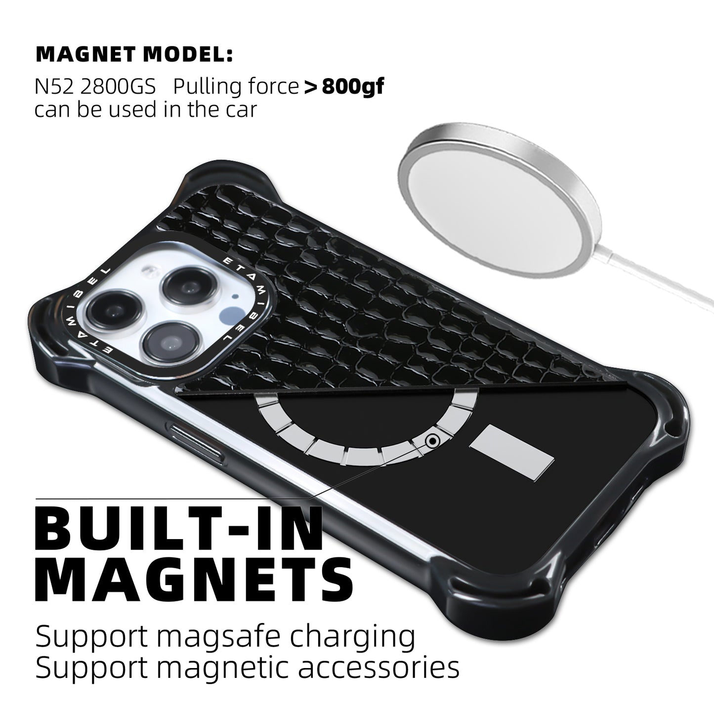 Etamibel Black Vegan Leather iPhone 16 Phone Case with Bulit-in Magnet and MagSafe Support | Up to 7.5M Drop Protection with Metal Camera Frame