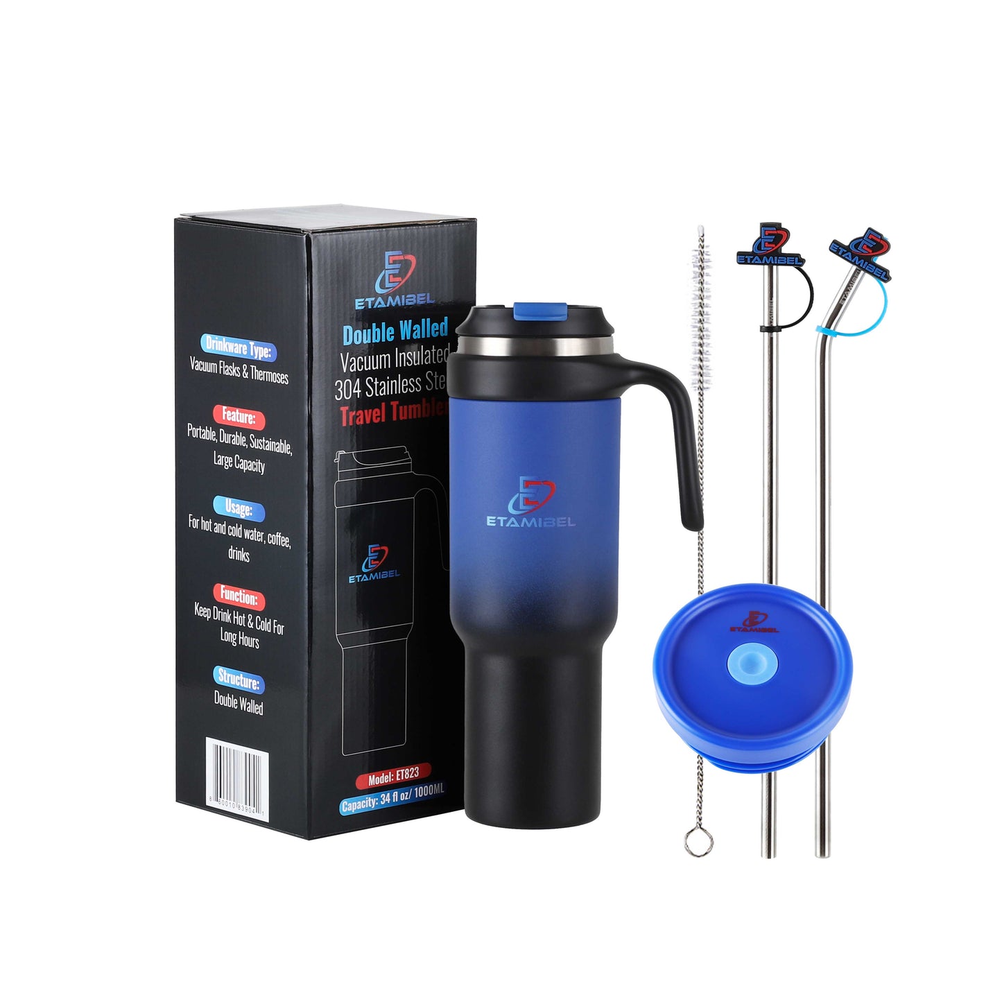 ETAMIBEL 1000ML(34FL OZ) Double Wall Stainless Steel Vacuum Insulated Tumbler (Black-Blue))