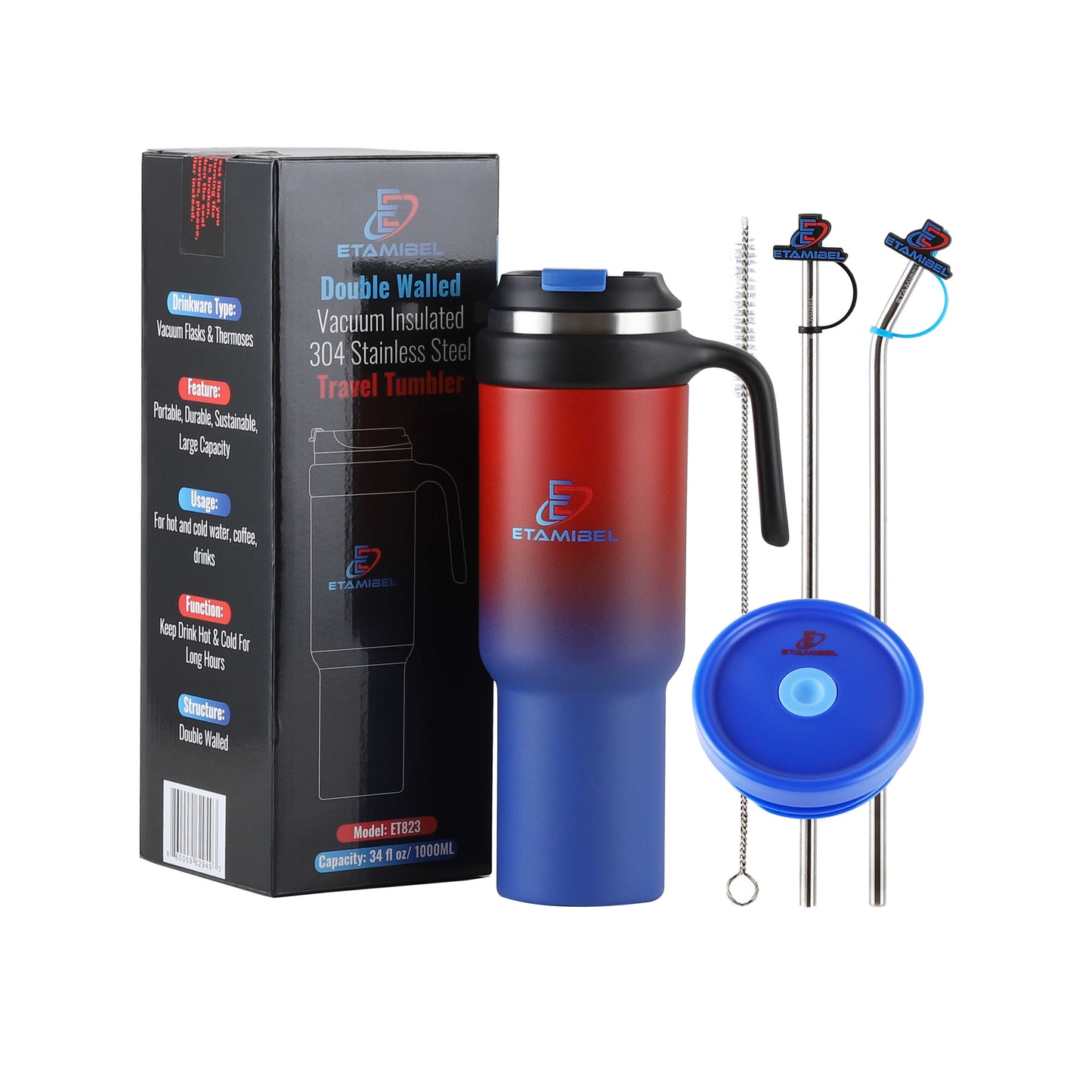 ETAMIBEL 1000ML(34FL OZ) Double Wall Stainless Steel Vacuum Insulated Tumbler (Blue-Red)