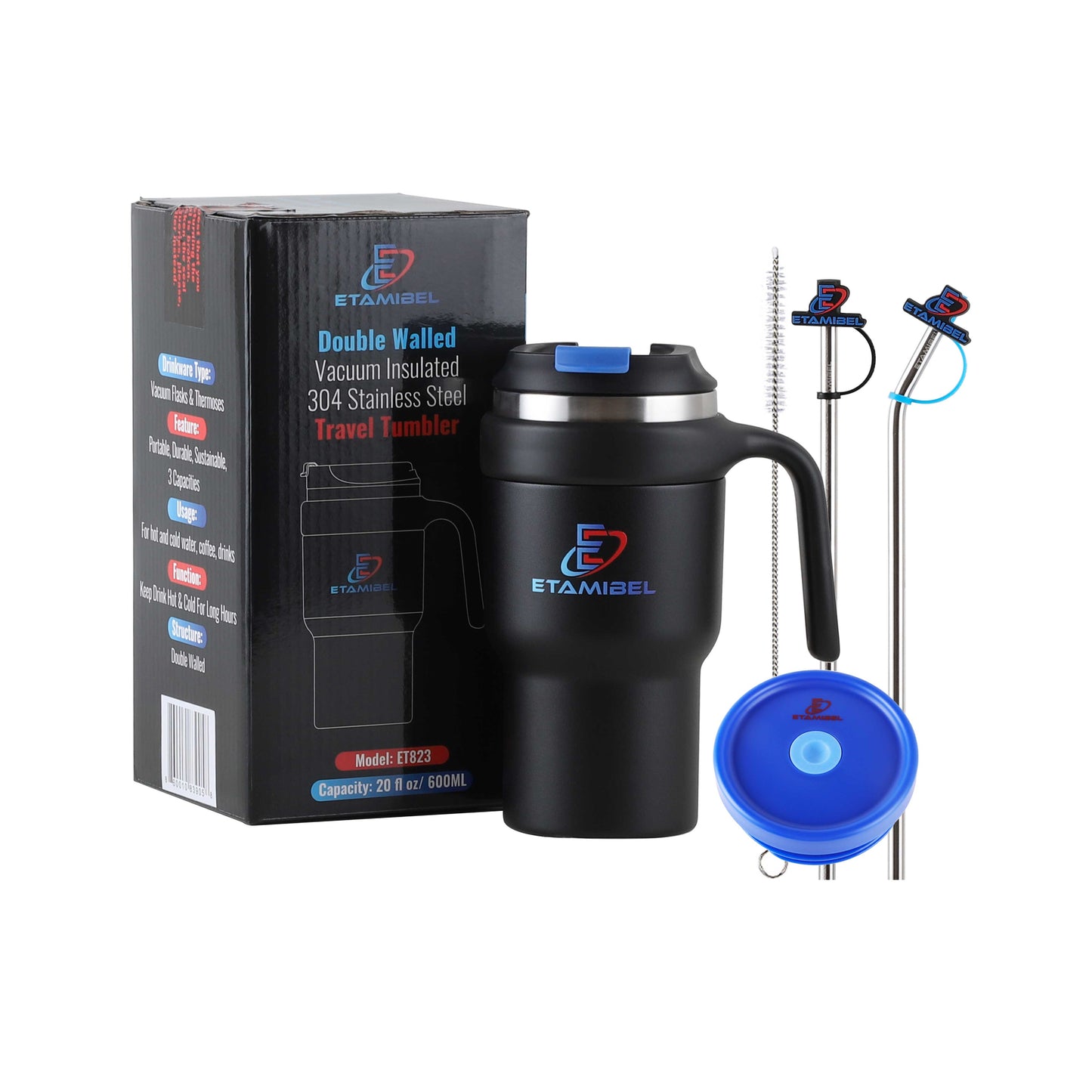 ETAMIBEL 600ML(20FL OZ) Gobelet isolé sous vide à double paroi en acier inoxydable (noir)