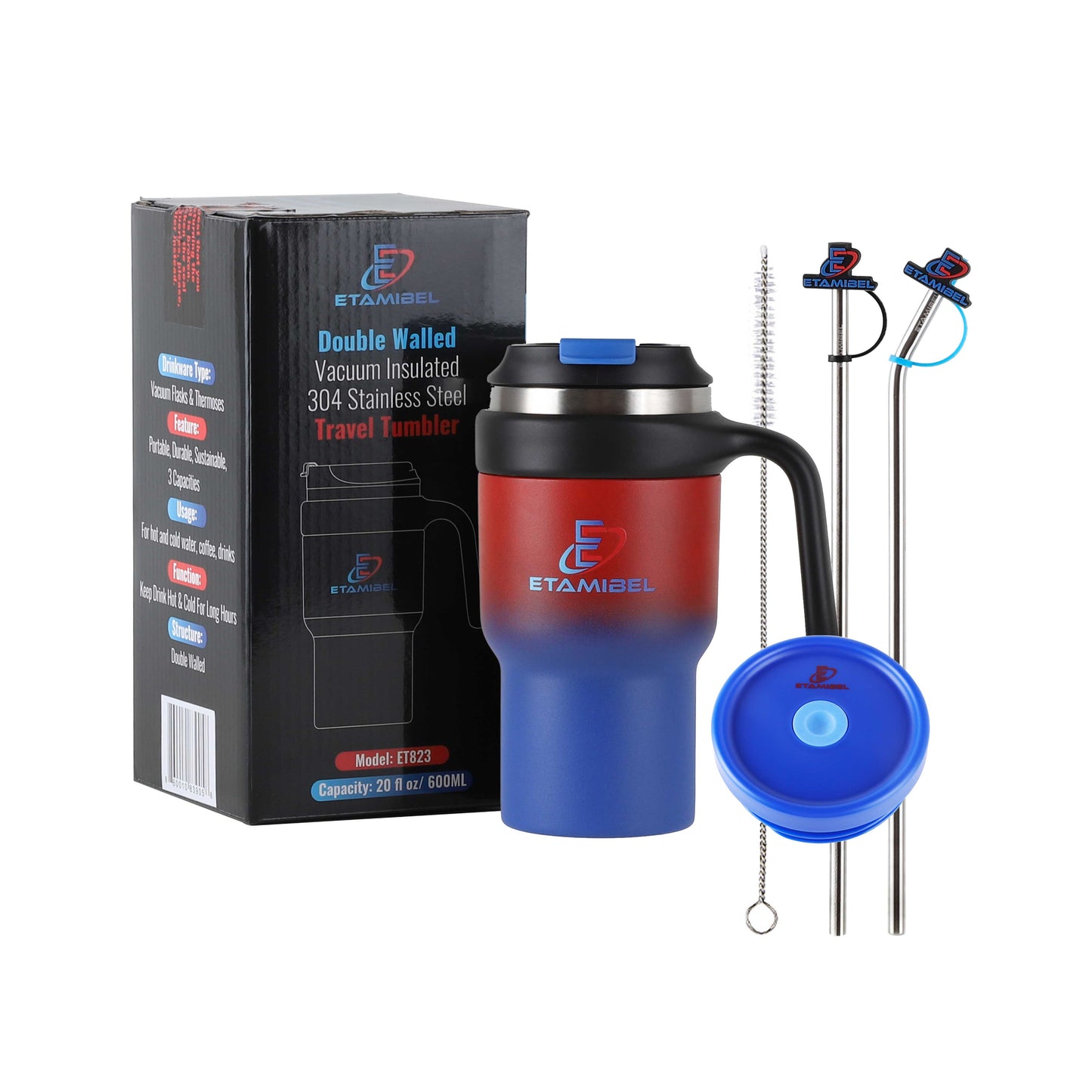 ETAMIBEL Gobelet isotherme sous vide à double paroi en acier inoxydable 600 ml (bleu-rouge)